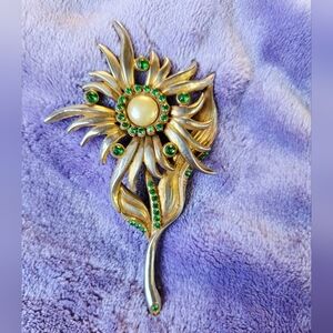 Vintage Floral Brooch with Green Accents